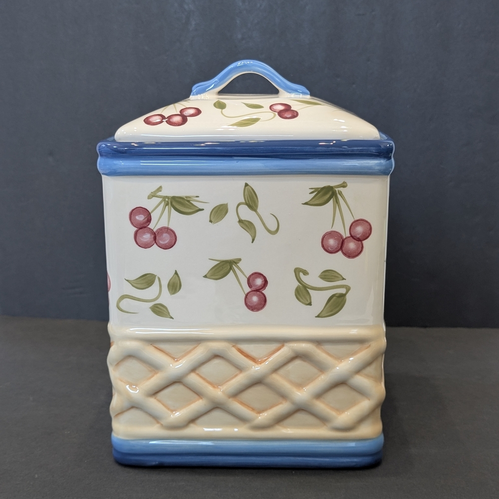 INSPIRADO STONE LITE CLAY COOKIE JAR Cherry patterned Hand Painted